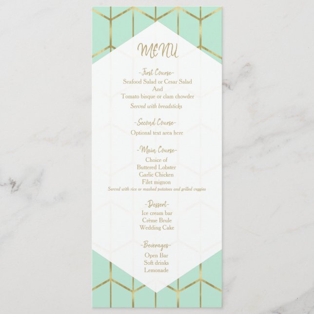 Mint Green Hexagon Gold Geometric Wedding Menu (Front)