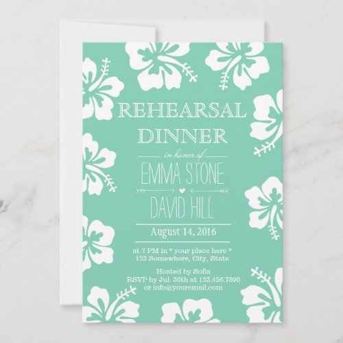 Mint Green Hibiscus Flowers Rehearsal Dinner Invitation