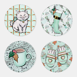 MINT GREEN HOLIDAY WATERCOLOR CATS MITTENS BOOTS COASTER SET