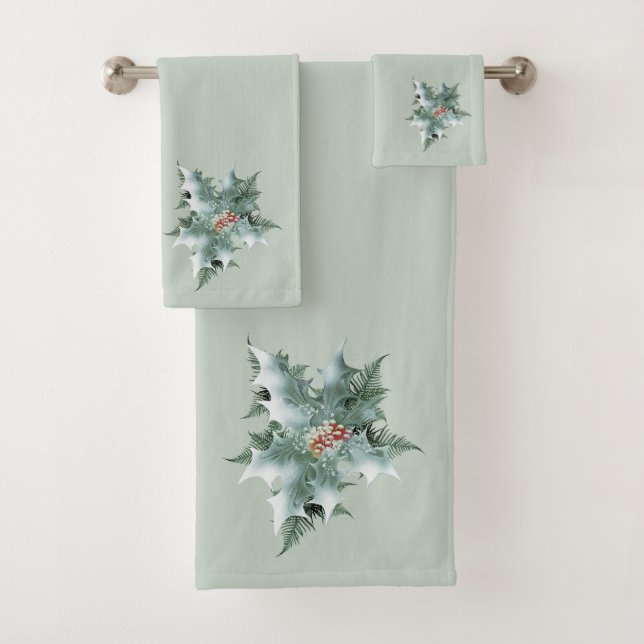 Mint Green Holly on Mint Green Bath Towel Set (Insitu)