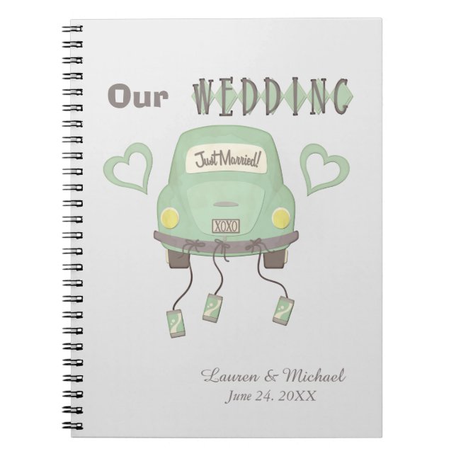 Mint Green Honeymoon Car Wedding Memory Notebook (Front)