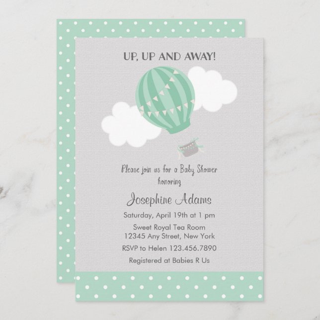 Mint Green Hot Air Balloon Baby Shower Invitation (Front/Back)