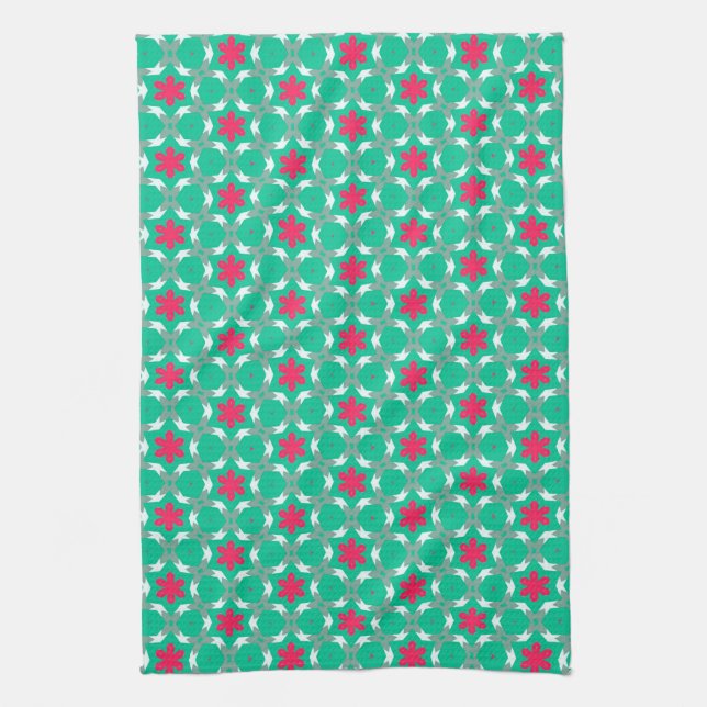 Mint green + Hot pink geometric floral Pattern Towel (Vertical)