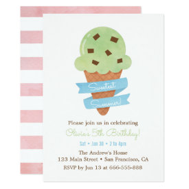 Mint Green Ice Cream Cone Kids Birthday Party Card