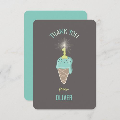 Mint Green Ice Cream Sparkler Boys 1st Birthday Thank You Card