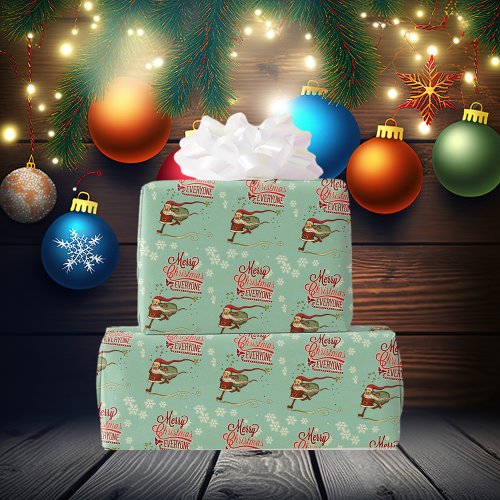 Mint Green Ice Skating Santa Claus Wrapping Paper