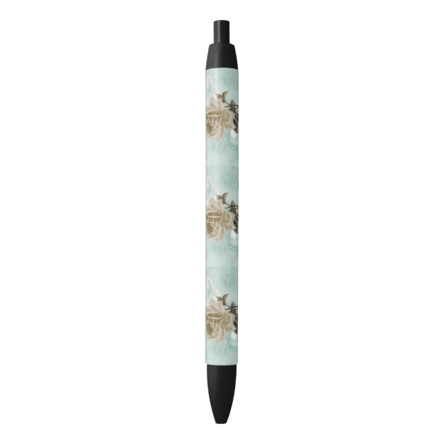 Mint Green Ivory Roses Pearls Heart Black Pen (Front Vertical)
