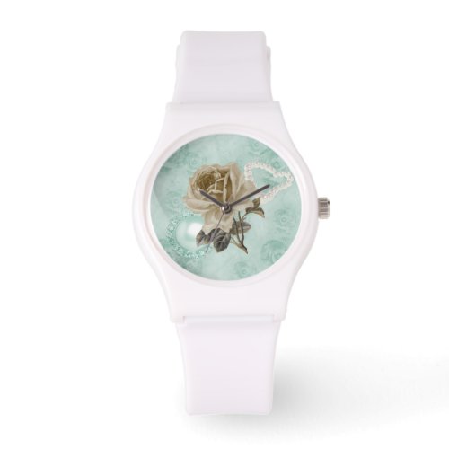 Mint Green Ivory Roses Sporty White Silicone Watch