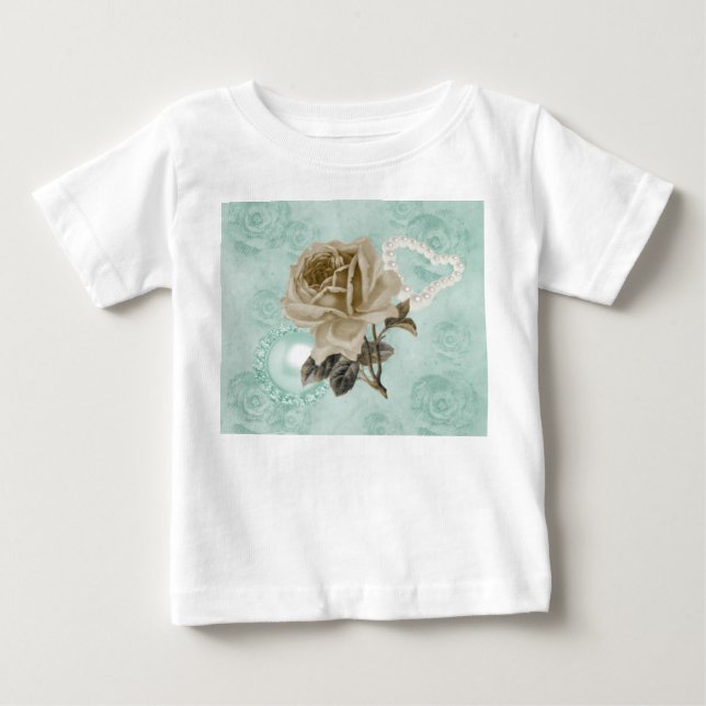 Mint Green Ivory Roses Toddler White Ruffle Dress Baby T-Shirt (Front)