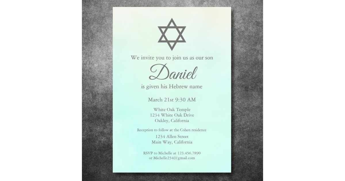Mint Green Jewish Baby Naming Ceremony Brit Milah Invitation Zazzle