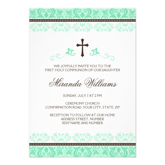 Mint green lace girls first communion confirmation custom invite