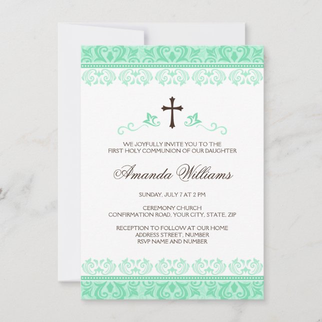 Mint green lace girls first communion confirmation invitation (Front)