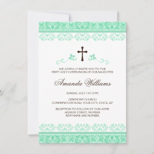 Mint green lace girls first communion confirmation invitation