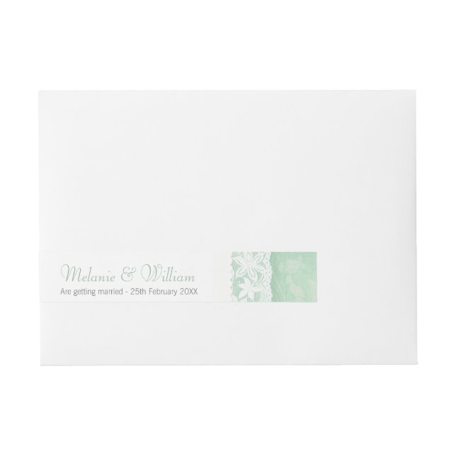 Mint green lace wedding announcement sticker wrap around address label (Front)