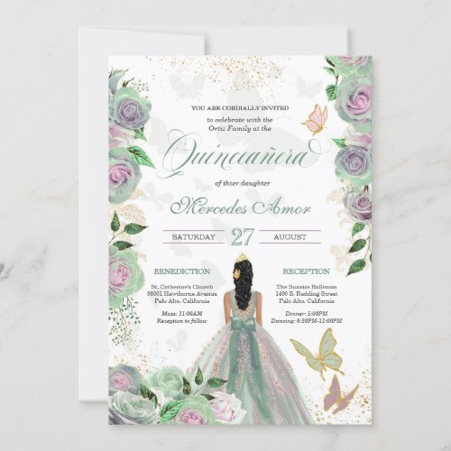 Mint Green  Lavender Roses Butterfly Quinceanera  Invitation