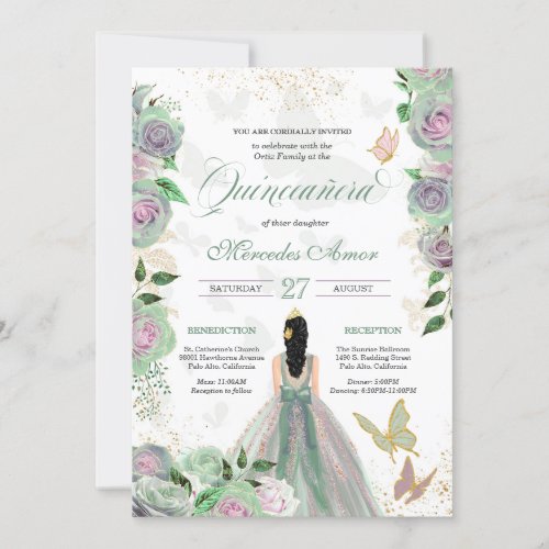 Mint Green  Lavender Roses Butterfly Quinceanera  Invitation