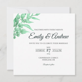 Mint Green Leaf Floral Watercolor Square Wedding Invitation