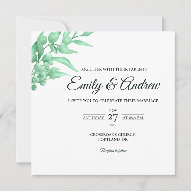 Mint Green Leaf Floral Watercolor Square Wedding Invitation (Front)