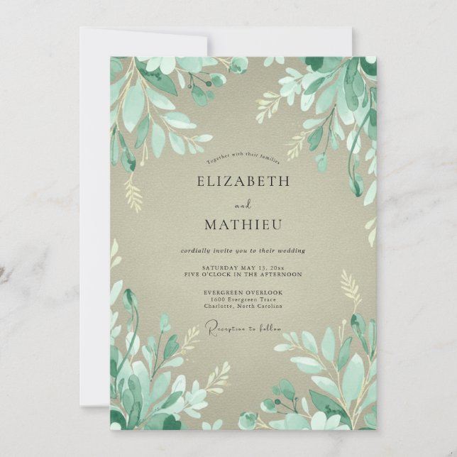 Mint Green Leafy Woodland Wedding Invitation (Front)
