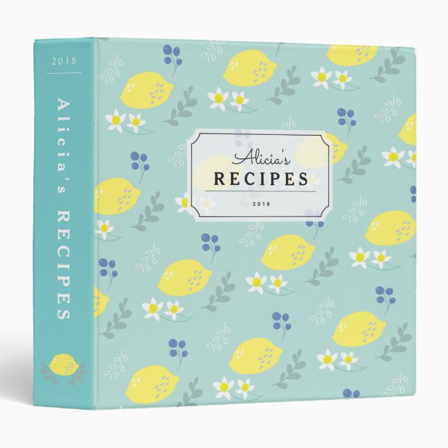 Mint Green Lemon Floral Pattern Recipe Binder (Front/Spine)