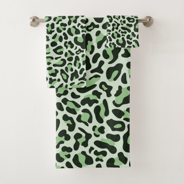 Mint Green Leopard Print Trendy Chic Bath Towel Set (Insitu)