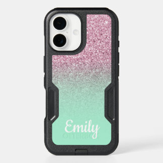 Mint Green Light Pink Ombre Glitter Personalized iPhone 16 Case