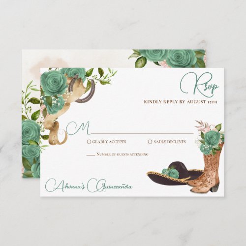 Mint Green Light Sage Charro Western Quinceanera RSVP Card