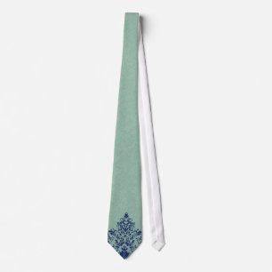 Mint-Green Linen Texture Blue Floral Lace Neck Tie