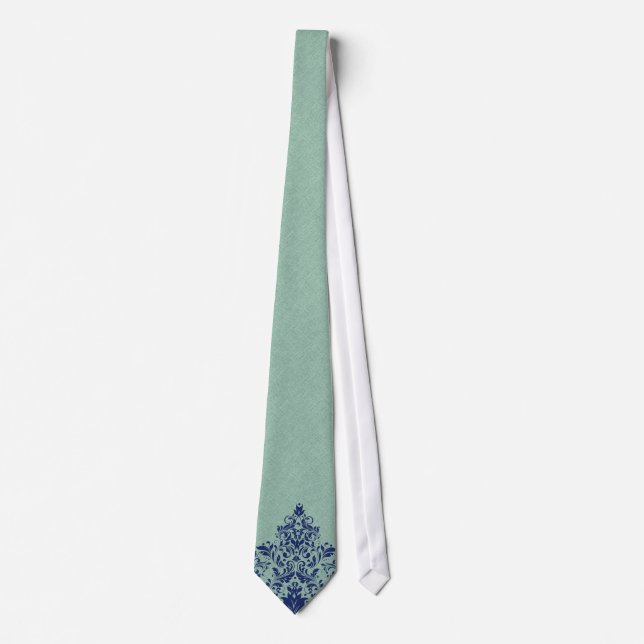 Mint-Green Linen Texture Blue Floral Lace Neck Tie (Front)