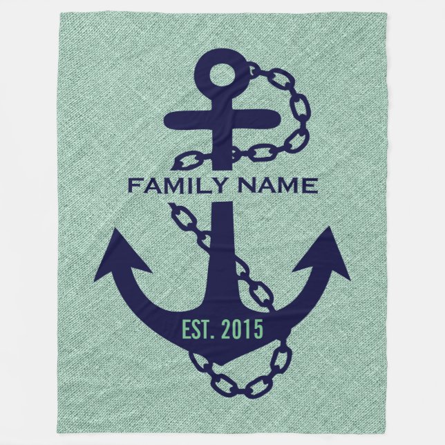 Mint-green Linen With Blue Wedding Anchor Fleece Blanket (Front)