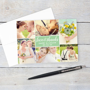 Mint Green Love and Thanks 6 Photo Collage Wedding Thank You Card