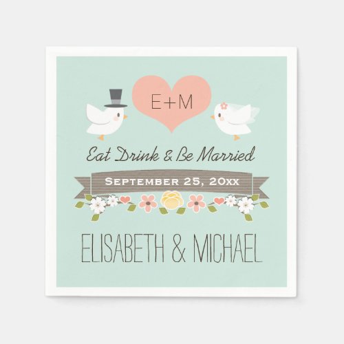 Mint Green Love Birds Dove Wedding Napkins