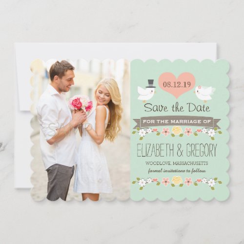 Mint Green Love Birds Wedding Save the Date Card