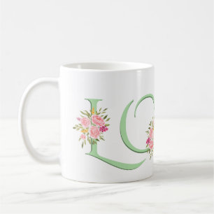 Mint green LOVE, blush pink roses Valentines Day Coffee Mug