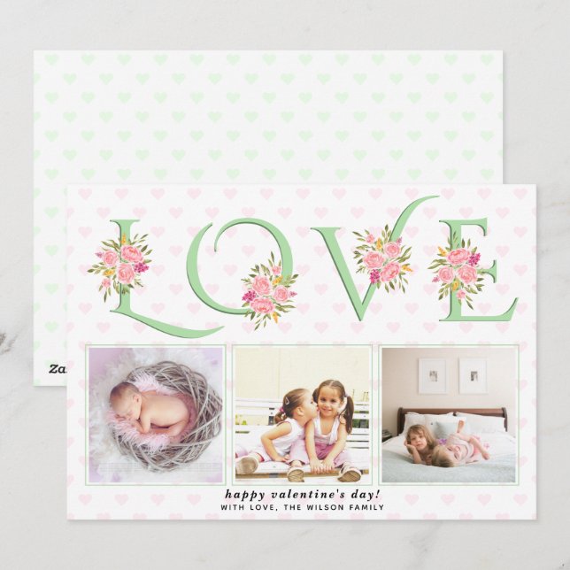 Mint green LOVE typography photo Valentines Day Holiday Card (Front/Back)