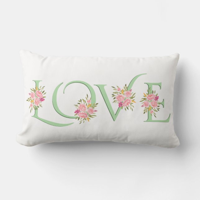 Mint green Love typography roses Valentines Day Lumbar Pillow (Front)