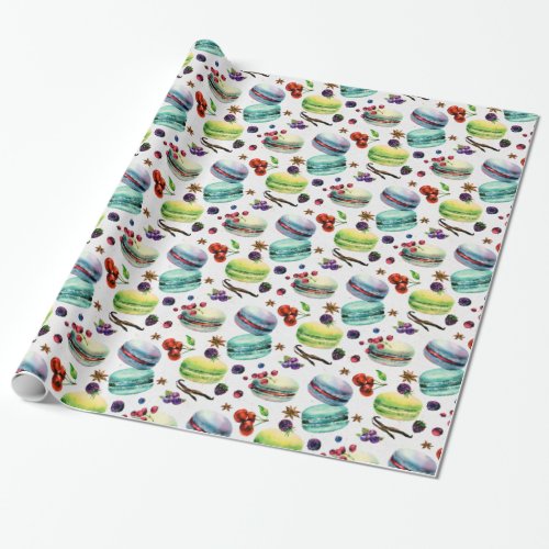 Mint Green Macaroons  red Berries Seamless Patter Wrapping Paper