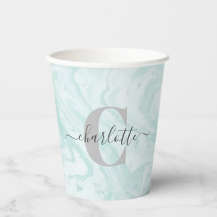 Mint Green Marble Custom Monogrammed Paper Cups