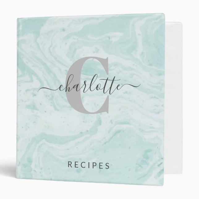 Mint Green Marble Custom Monogrammed Recipe  3 Ring Binder (Front/Inside)