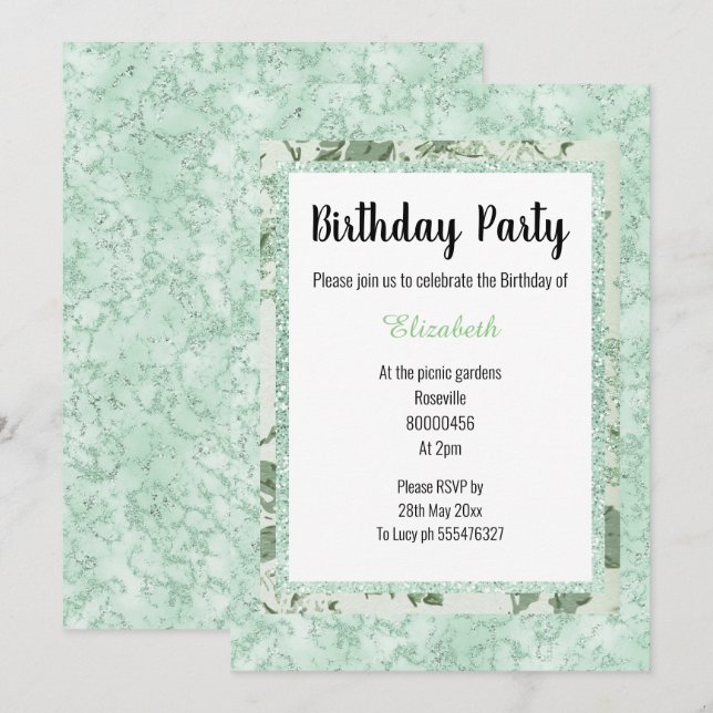 Mint Green Marble Floral Glitter Birthday Invitation (Front/Back)