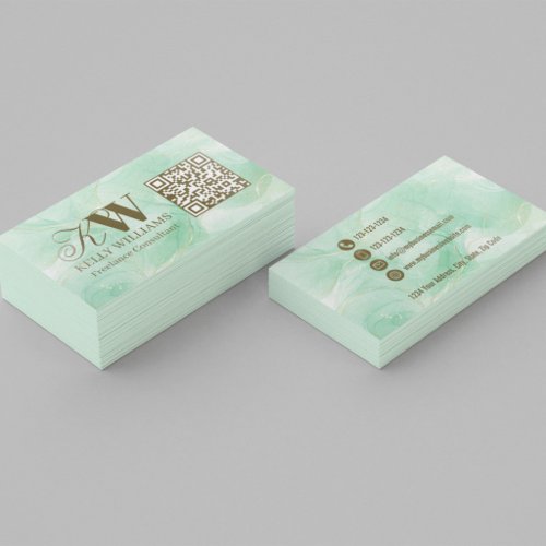 Mint Green Marble Monogram Raised Gloss QR Code Spot UV Business Card
