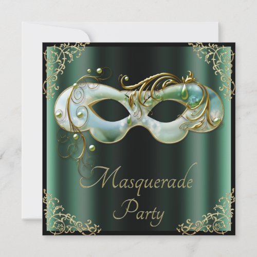 Mint Green Mask Chic Black Masquerade Party Invitation