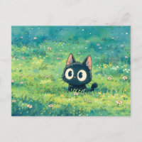 Mint Green Meadow Wide Eyed Black Cat