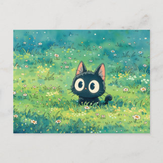 Mint Green Meadow Wide Eyed Black Cat Postcard