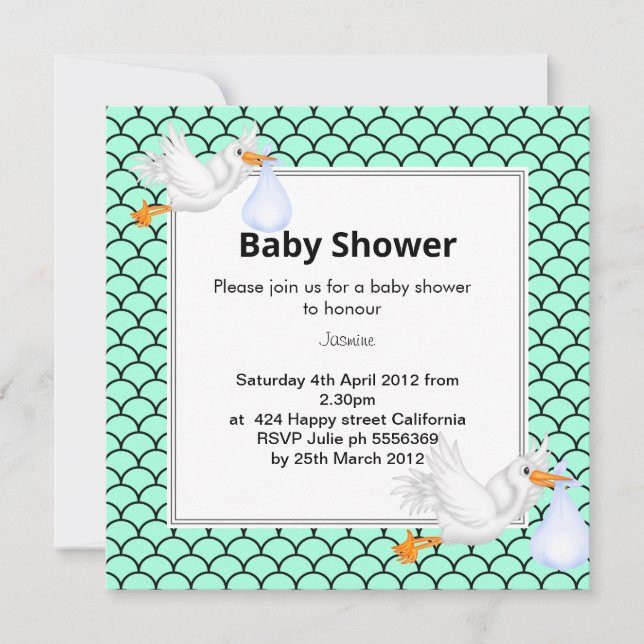 Mint green Mermaid stork baby shower invite (Front)
