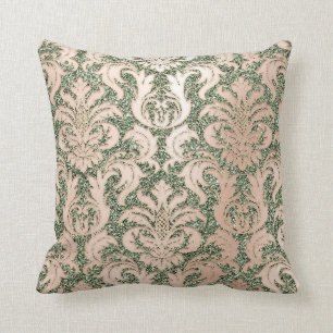 Mint Green Metal Damask Rose Pink Blush Glitter Throw Pillow