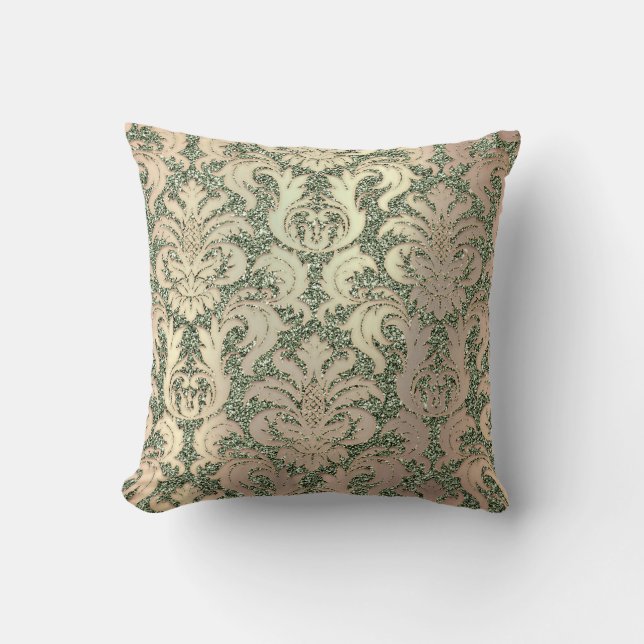 Mint Green Metal Damask Rose Salmon Pearl Glitter Throw Pillow (Front)