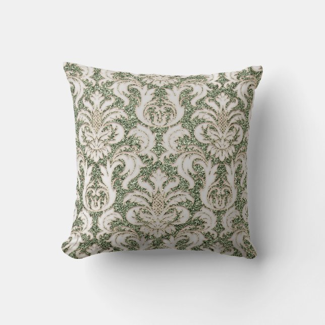 Mint Green Metal Damask Silver Gray Pealy Glitter Throw Pillow (Front)