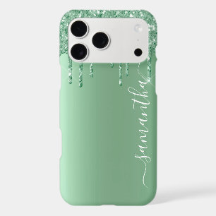 Mint Green Metal Look Handwritten Name Glitter iPhone 17 Pro Max Case