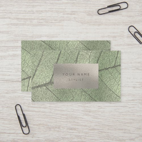 Mint Green Metal Silver Gray White Foil Botanical Business Card